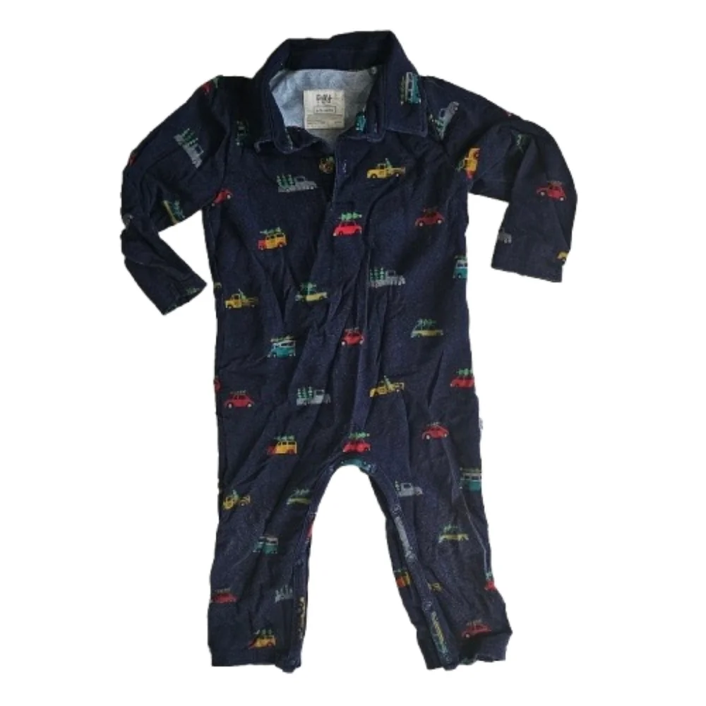 Little Sleepies Play Blue Polo Romper In Tree Traffic Print